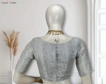 Silver Chanderi Saree Blouse: Indian Boat Neck Half Sleeve