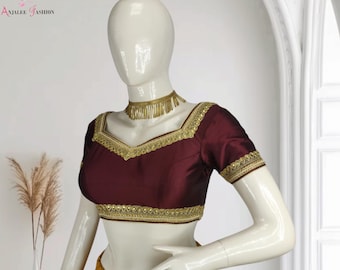 Maroon Dupion Silk Saree Blouse: Sweetheart Neck, Short Sleeves