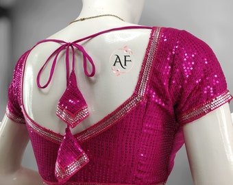 Stylish Pink Sequin Blouse with Tassel - Ethnic Party Wear - Saree Top - Chic Short Sleeves