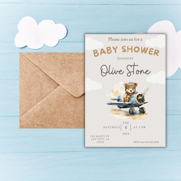Editable Bear Baby Shower for Boy Invitation Digital Bear Blue Invite Teddie Bear Baby on the Way Invitation Download Canva