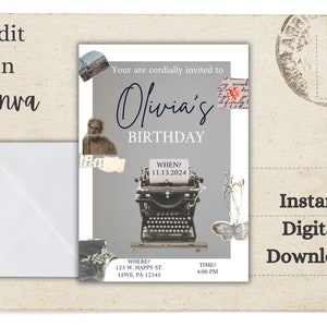 Puede incluir: Una invitación de cumpleaños de estilo vintage con el texto "Olivia's BIRTHDAY" y "WHEN? 11.13.2024". El diseño incluye una máquina de escribir, elementos decorativos y las palabras "Edit in Canva" y "Instant Digital Download". La invitación también incluye la dirección 123 W. HAPPY ST. LOVE, PA 12345 y la hora 4:00 PM.