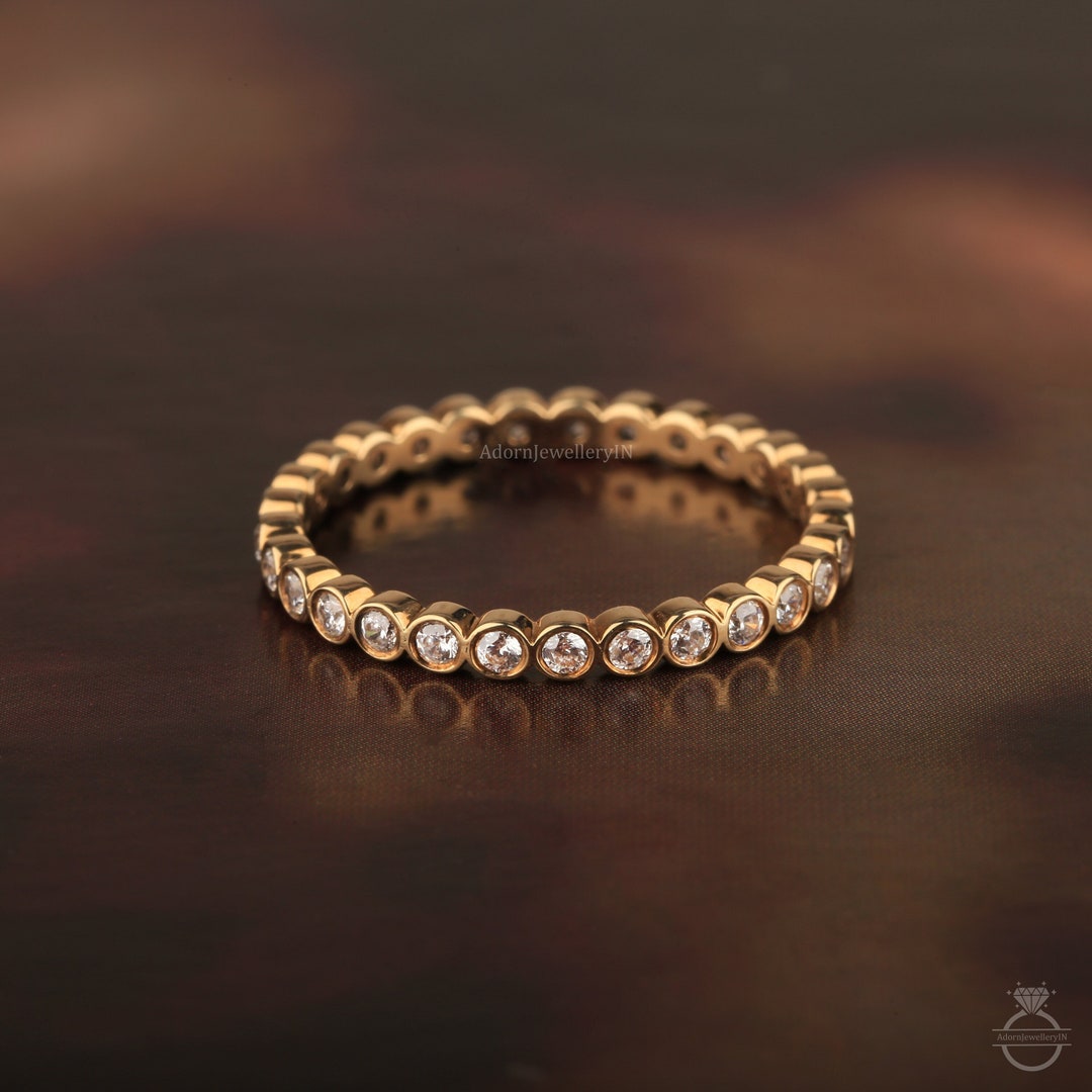 14K Solid Gold Full Eternity Band, Unique Bezel Set Wedding Band ...