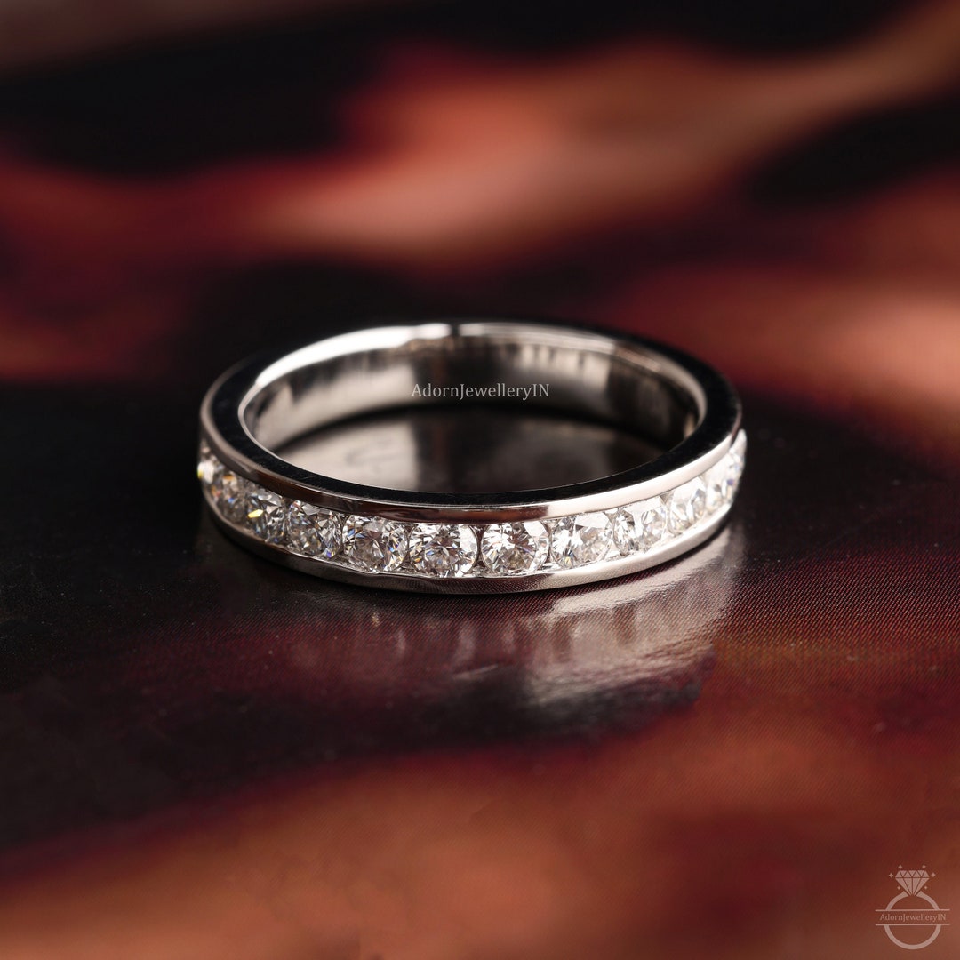 Round Cut Moissanite Half Eternity Wedding Band 14K Gold Channel Set ...
