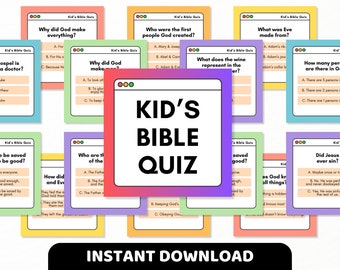 May include: A colorful set of printable Bible quiz cards for kids. The cards feature a variety of questions about the Bible, such as "Why did God make everything?" and "What does the wine represent in the Lord's Supper?"