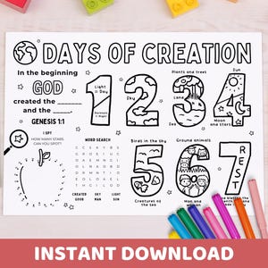 以下が含まれることがあります： 「創造の日々」というテキストと、創造の7日間を表すイラストが描かれた、白黒の印刷可能な塗り絵ページ。ページには、単語検索、点つなぎの活動、創世記1:1への聖書の参照が含まれています。