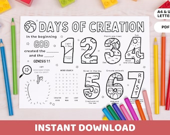 Days of Creation Coloring Placemat Printable | Bible Story Activity & Games Table Mat | Sunday School, Homeschool, Kids Church Lesson Craft