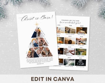 Tarjeta navideña cristiana editable / Plantilla imprimible de Canva / Tarjeta de felicitación con versículo bíblico, Tarjeta navideña religiosa personalizada con foto familiar