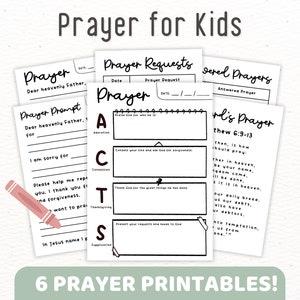 Oración imprimible para niños / Plantilla de oración para niños ACTS / Diario de oración de la escuela dominical, Actividad de la hoja de trabajo del ministerio de la iglesia primaria para niños