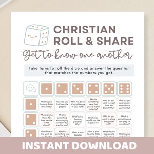 Jogo Christian Dice Roll & Share para impressão | Bíblia da Igreja Roll Tell Dicebreaker | Quebra-gelo da festa da igreja, acampamento de grupos juvenis, ministério feminino