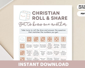 May include: A printable Christian game with a dice roll and share theme. The game includes questions about faith, family, and personal growth. The game is designed to help people get to know each other better.