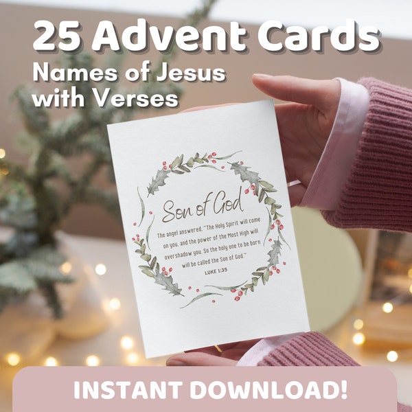 25 Advent Calendar Cards with Names of Jesus & Bible Verses Printable, Christmas Countdown, Children Scripture Cards, Discussion Questions