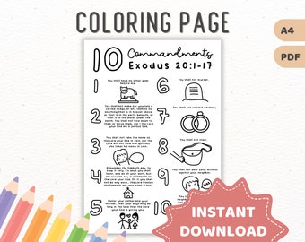Ten Commandments Coloring Page Printable for Sunday School, Homeschool, Kids Church, Preschool | Bible Verse Kids Activity Worksheet