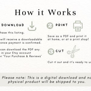 May include: A digital download instruction guide with three steps: download, print, and cut. The guide is illustrated with icons for each step. The text says "How it Works" and "Please note: This is a digital download and no physical product will be shipped to you."