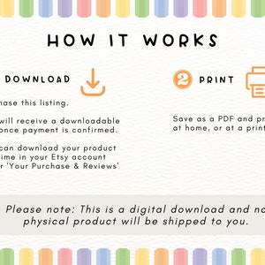 May include: A digital download instruction guide with a rainbow border. The text reads "How it works" and explains how to download and print a digital product. The text says "Please note: This is a digital download and no physical product will be shipped to you."