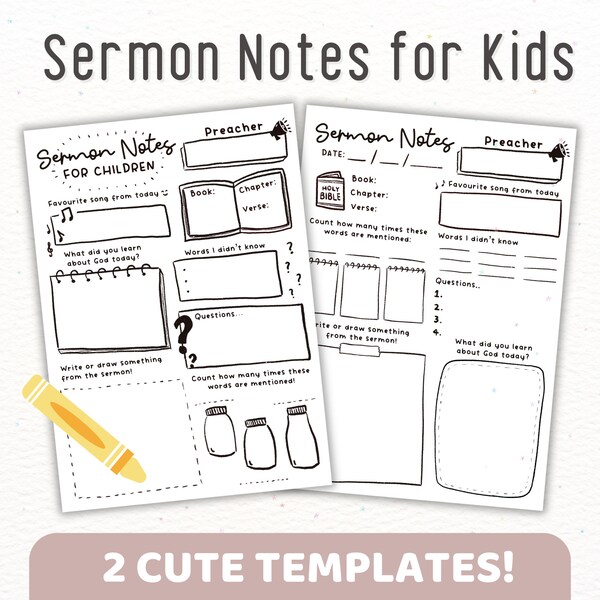 Sermon Notes Printable for Children Kids Elementary School Youth Teens | Kids Sermon Notes PDF Template | Kids Church Ministry Printable