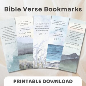 May include: Set of six printable bookmarks with watercolor backgrounds and inspirational Bible verses. The verses include "Humble yourselves, therefore, under the mighty hand of God...", "For by grace you have been saved through faith...", "If we confess our sins, He is faithful and just to forgive us our sins...", "Naked I came from my mother's womb, and naked shall I return...", "Come to me, all who labor and are heavy laden, and I will give you rest...", and "Take my yoke upon you, and learn from me, for I am gentle and lowly in heart, and you will find rest for your souls..."