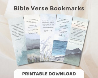 Bible Verse Bookmark Printable Set | ESV Christian Blue Watercolor Scripture Art | Baptism Gift Scripture Memory, Inspirational Affirmations