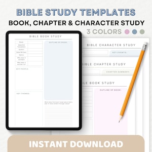 Puede incluir: Plantillas de estudio bíblico imprimibles para el estudio de libros, capítulos y personajes. Las plantillas están disponibles en tres colores: rosa, azul y gris. Las plantillas incluyen secciones para personas clave, temas clave, resumen del capítulo y esquema del libro.