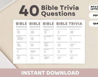 May include: A printable Bible trivia game with 40 questions. The game is designed for use with a group of people and includes answer keys. The game is available in A4 and US Letter sizes and is a PDF download.