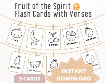 May include: Nine black and white printable flash cards featuring fruit illustrations and the words "love", "joy", "peace", "patience", "kindness", "goodness", "faithfulness", "gentleness", and "self-control". The cards are hanging on a string with clothespins. The text "9 CARDS" and "INSTANT DOWNLOAD" are at the bottom of the image.