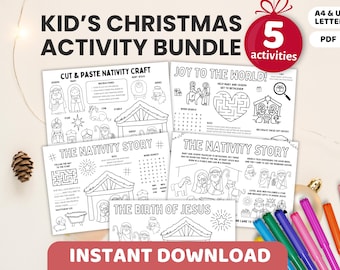 May include: A Kid's Christmas Activity Bundle with five activities, including cut and paste crafts, mazes, and word searches. The bundle features Nativity scenes and the text "Instant Download."