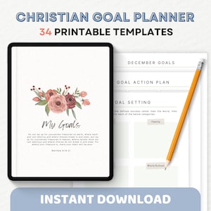 Könnte beinhalten: Ein digitaler Planer mit einem floralen Design und dem Text "Meine Ziele" sowie einem Zitat aus Matthäus 6,19-21. Der Planer trägt den Titel "Christian Goal Planner" und lautet "34 druckbare Vorlagen". Der Planer enthält einen Abschnitt für Dezemberziele, einen Aktionsplan für Ziele und die Zielsetzung.