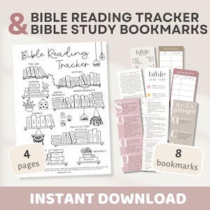 以下が含まれることがあります： 印刷可能な聖書読書トラッカーとブックマーク。トラッカーは、律法、知恵、福音書、預言者など、聖書のさまざまなセクションを含む本棚を特徴としています。ブックマークには、聖句、祈り、色分けされた聖書ガイドのセクションが含まれています。