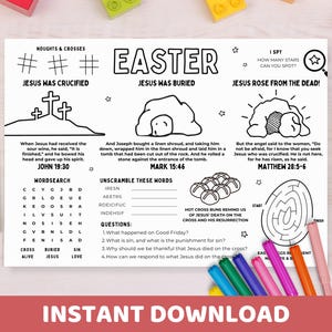 Easter Kids Activity Placemat – Christian Printable | Bible Coloring, Word Search, Maze | Sunday School, Homeschool, Resurrection of Jesus