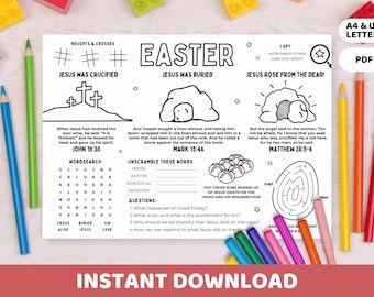 Easter Kids Activity Placemat – Christian Printable | Bible Coloring, Word Search, Maze | Sunday School, Homeschool, Resurrection of Jesus