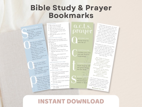 SOAP Bible Study Bookmark & ACTS Prayer Bookmarks | 4 Bible Study Prayer Bookmarks Printable PDF | Christian Bookmark, Bible Study Resource