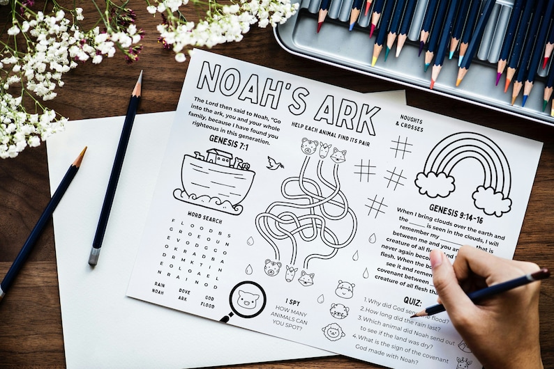 Noahs ark coloring page with activities and games for kids