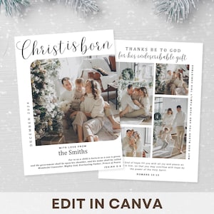 Bewerkbare christelijke kerstkaart | Afdrukbare canvassjabloon | Wenskaart bijbeltekst, religieuze gepersonaliseerde kerstkaart familiefoto