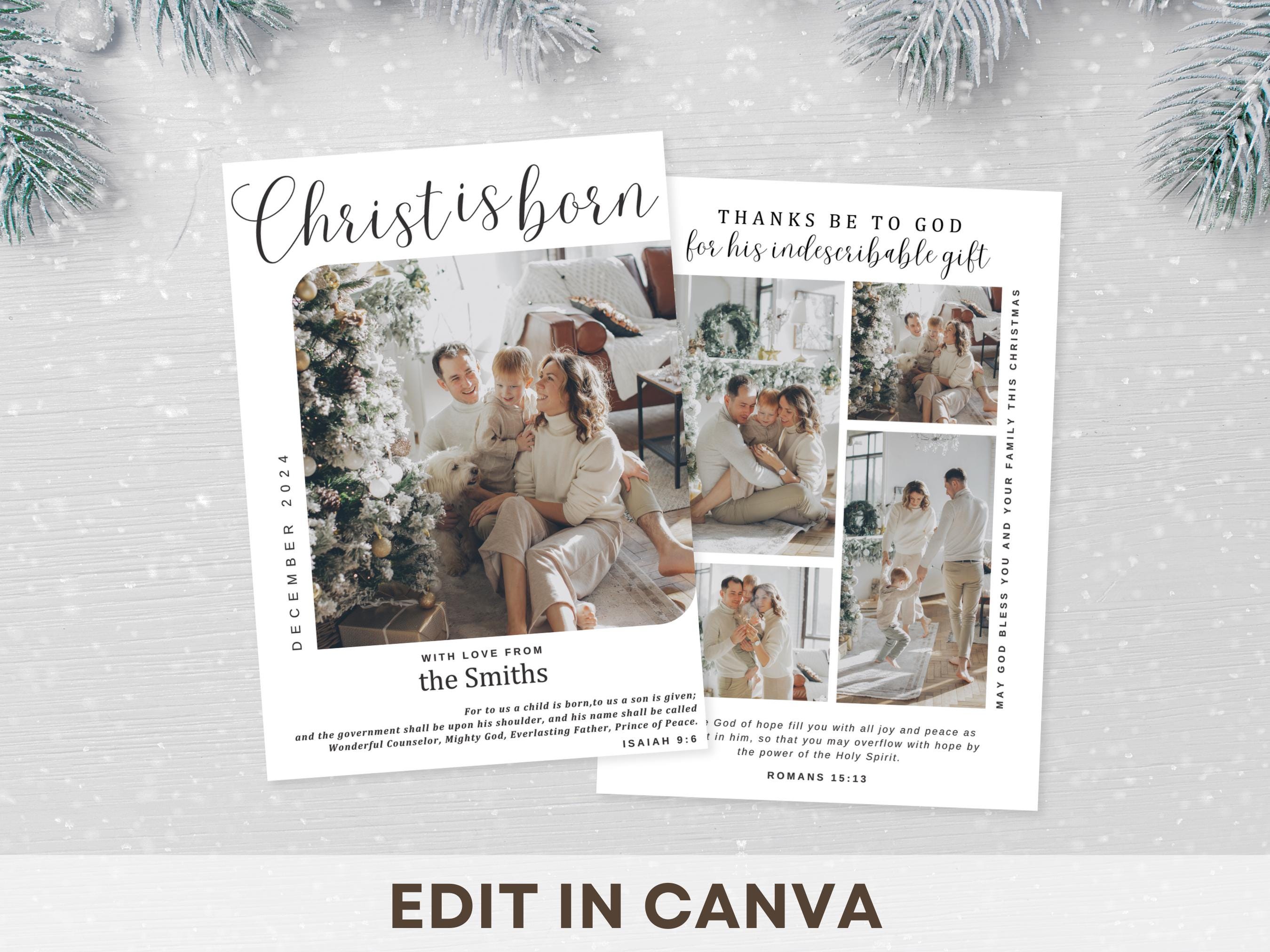 Editable Christian Christmas Card | Canva Template Printable | Bible Verse Greeting Card, Religious Personalized Family Photo Christmas Card