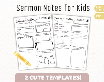 Sermon Notes Printable for Children Kids Elementary School Youth Teens | Kids Sermon Notes PDF Template | Kids Church Ministry Printable