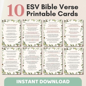 10 Cartões de Versículos Bíblicos ESV para Imprimir | Cartões de Memória das Escrituras em Aquarela Verde-oliva, Cartão de Saudação Cristão | Arte de Parede das Escrituras com Versículos Encorajadores