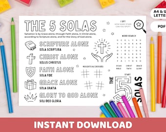 Könnte beinhalten: Schwarz-weiß ausdruckbare Malvorlage mit dem Text "THE 5 SOLAS" und Illustrationen. Enthält ein Wortsuchrätsel und ein "Ich sehe was, was du nicht siehst"-Spiel. Buntstifte und Marker umgeben die Seite.
