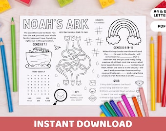 Juego de actividades del Arca de Noé, mantel individual imprimible, hoja para colorear con la historia bíblica del arcoíris del diluvio, manualidad para la escuela dominical, educación en el hogar, lección de la iglesia para niños