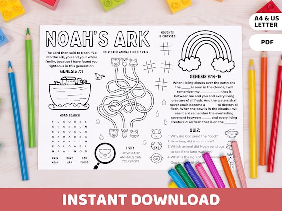 Noahs Ark Acitivity Game Placemat Printable | Flood Rainbow Bible Story Coloring Sheet | Sunday School Craft, Homeschool, Kids Church Lesson