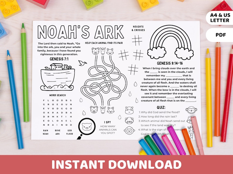Noah's Ark Bible story placemat for children featuring a coloring page with animals, the ark, and Noah. Includes engaging activities to bring the story to life—perfect for learning during mealtime! Activities include word search, I spy, maze, quiz.