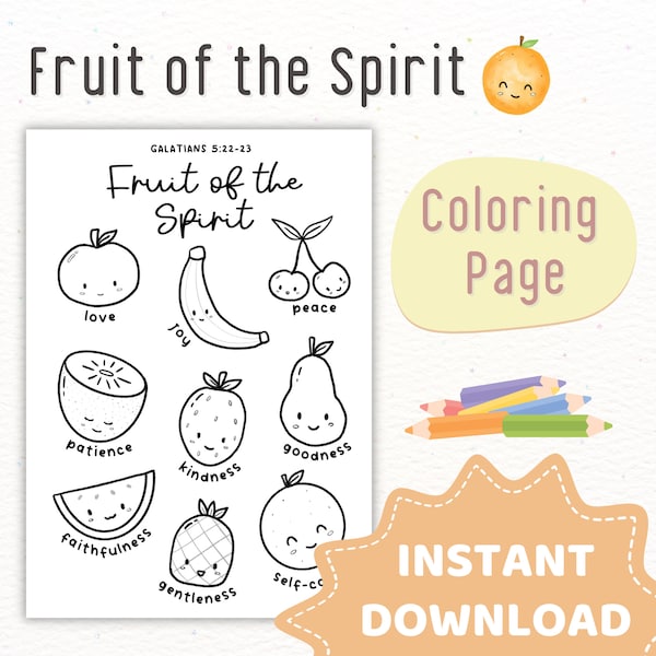 Fruit of the Spirit Coloring Page Printable for Sunday School, Homeschool, Kids Church | Preschool Printable | Bible Verse Digital