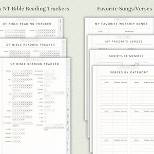 May include: Printable Bible reading tracker pages with sections for Old Testament, New Testament, favorite worship songs, favorite verses, and scripture memory. The pages are designed with a simple, minimalist aesthetic.