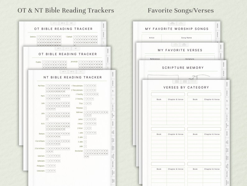 May include: Printable Bible reading tracker pages with sections for Old Testament, New Testament, favorite worship songs, favorite verses, and scripture memory. The pages are designed with a simple, minimalist aesthetic.