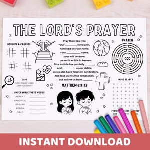 Kids Lord&#39;s Prayer Activity Placemat Printable | Children Bible Coloring & Games Worksheet | Sunday School, Homeschool, Church Prayer Lesson