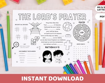 Attività per bambini con la preghiera del Signore, tovaglietta stampabile / Scheda di lavoro per bambini con giochi e da colorare sulla Bibbia / Scuola domenicale, istruzione parentale, lezione di preghiera in chiesa