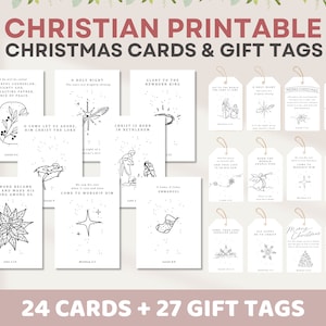 Christliche Weihnachtskarten & Geschenkanhänger zum Ausdrucken | Moderne Line Art Krippe Bibel Vers Grußkarte, religiöse Schrift Weihnachtsgeschenkanhänger