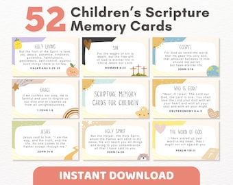 52 Children Scripture Cards Printable ESV | Kids Bible Verse Memory Cards, Family Worship Devotions, Christian Lunchbox Notes, Sunday School