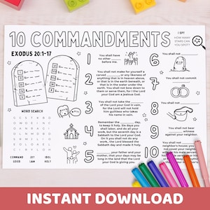May include: A printable coloring page featuring the Ten Commandments with illustrations and a word search puzzle. The page includes the text "Exodus 20:1-17" and "I Spy" with a star icon.