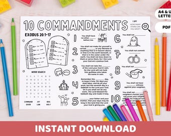 Ten Commandments Placemat Printable | Bible Story Coloring Activity & Games Table Mat | Moses Sunday School, Homeschool, Kids Church Lesson
