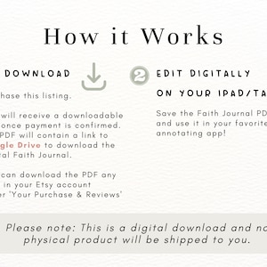 K&ouml;nnte beinhalten: Eine Anleitung zum digitalen Download mit Anweisungen zum Herunterladen und Bearbeiten eines digitalen Glaubensjournals. Die Anleitung enth&auml;lt ein Download-Symbol, die Nummer 1 und den Text "DOWNLOAD". Sie enth&auml;lt auch die Nummer 2 und den Text "EDIT DIGITALLY ON YOUR IPAD/TABLET". Die Anleitung enth&auml;lt au&szlig;erdem den Text "Bitte beachten Sie: Dies ist ein digitaler Download und es wird kein physisches Produkt an Sie versandt."