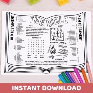Puede incluir: Una hoja de trabajo imprimible en blanco y negro con un tema bíblico. La hoja de trabajo incluye una búsqueda de palabras, un laberinto y un cuestionario sobre la Biblia. El texto en la hoja de trabajo incluye "La Biblia", "Antiguo Testamento", "Nuevo Testamento", "Génesis", "Apocalipsis", "Mateo 4:4", "Efesios 6:14", "Hebreos 4:12", "Salmo 119:105" y "Búsqueda de palabras".